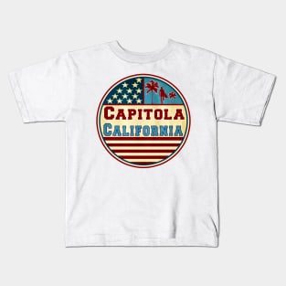 Surfing Capitola California Ocean Surf Palms Surfer Kids T-Shirt